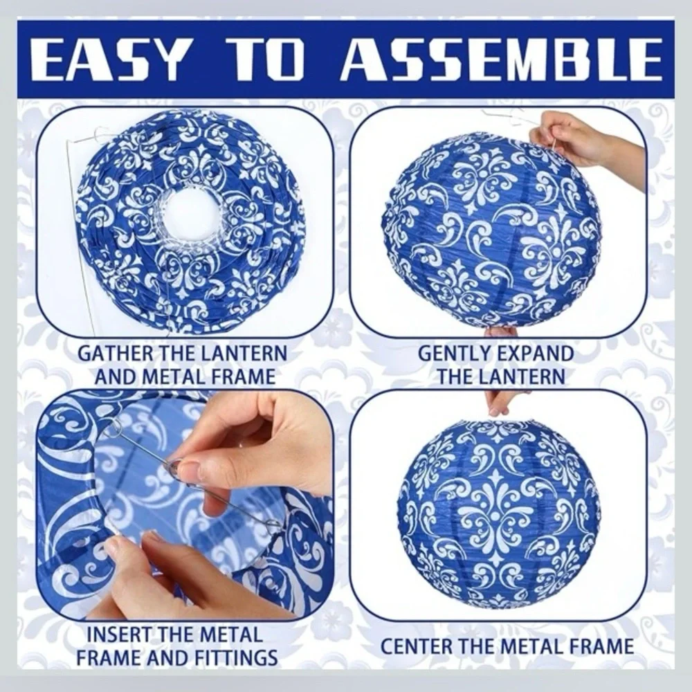Blue and White Patterned Paper Lantern Set